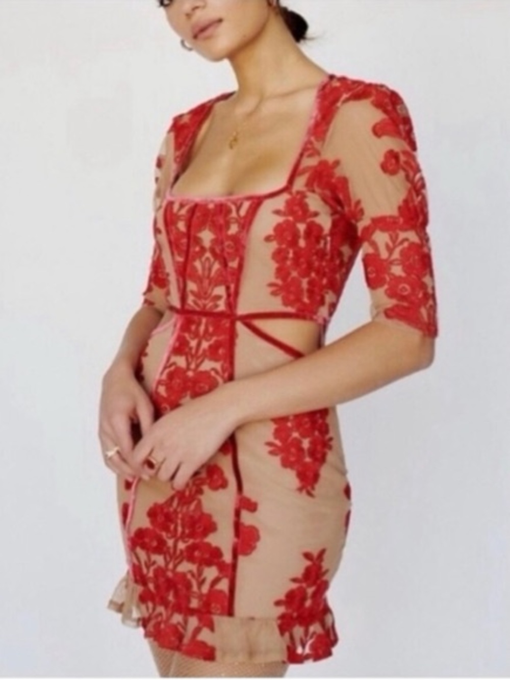 For Love & Lemons Temecula Mini Dress in Red Rogue / Tan Mesh Size